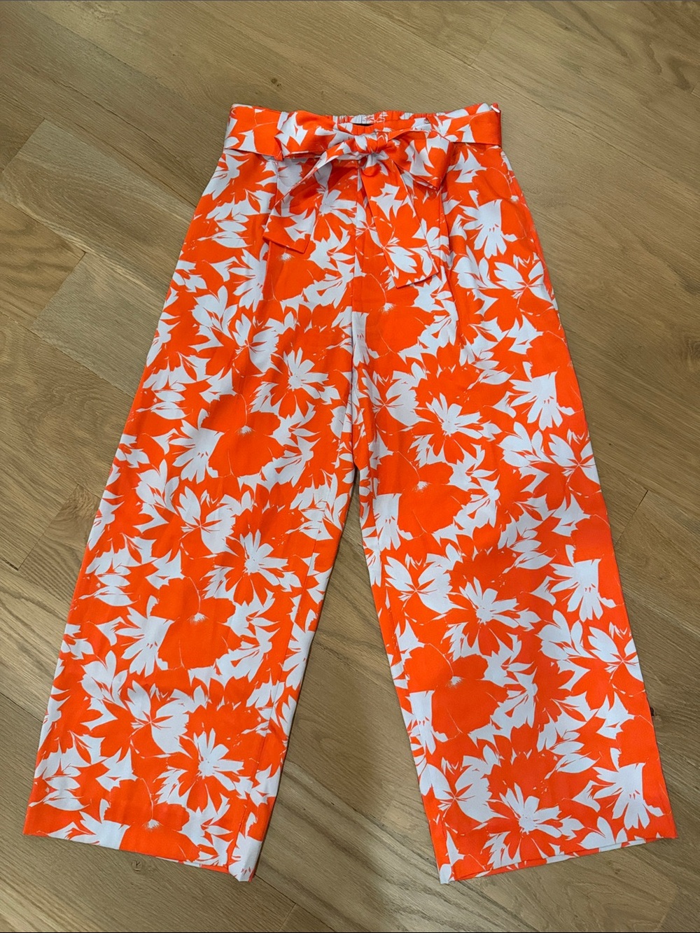 J. Crew Bright Orange and White Floral Tie-Waist Pants